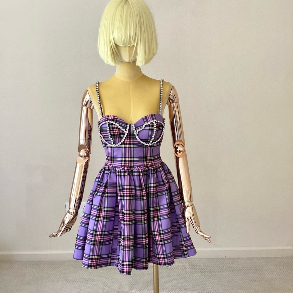 Celebrity Fashion Purple Plaid Dress with Rhinestone Straps SZ S